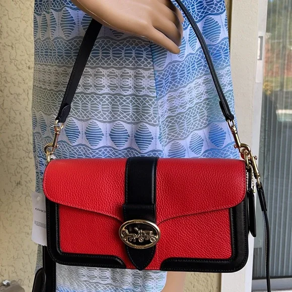 COACH Georgie Shoulder Bag In Colorblock Color: Gold/Bright Poppy Multi - Picture 14 of 16